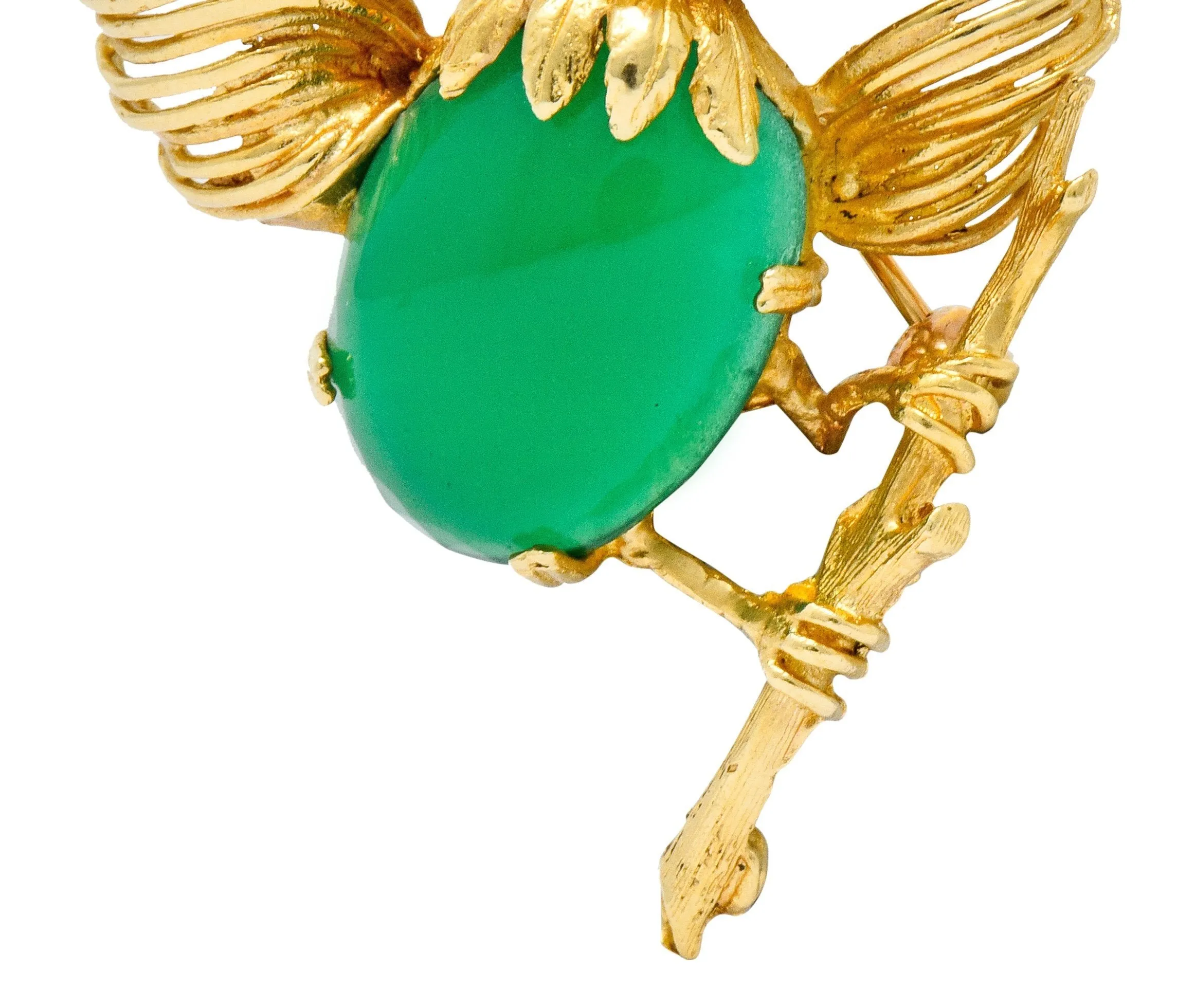 1970's Vintage Chrysoprase 14 Karat Gold Baby Bird Brooch