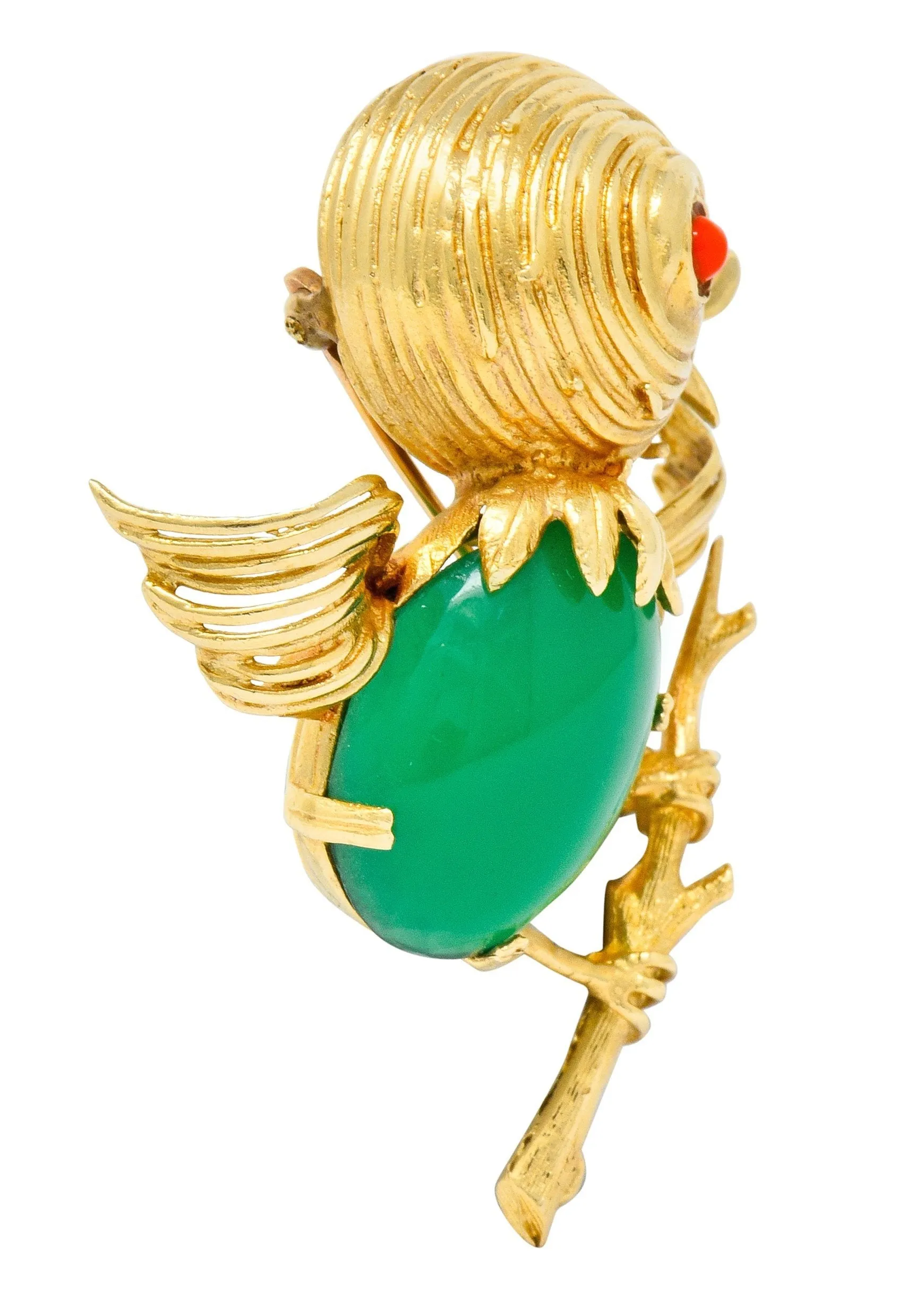 1970's Vintage Chrysoprase 14 Karat Gold Baby Bird Brooch