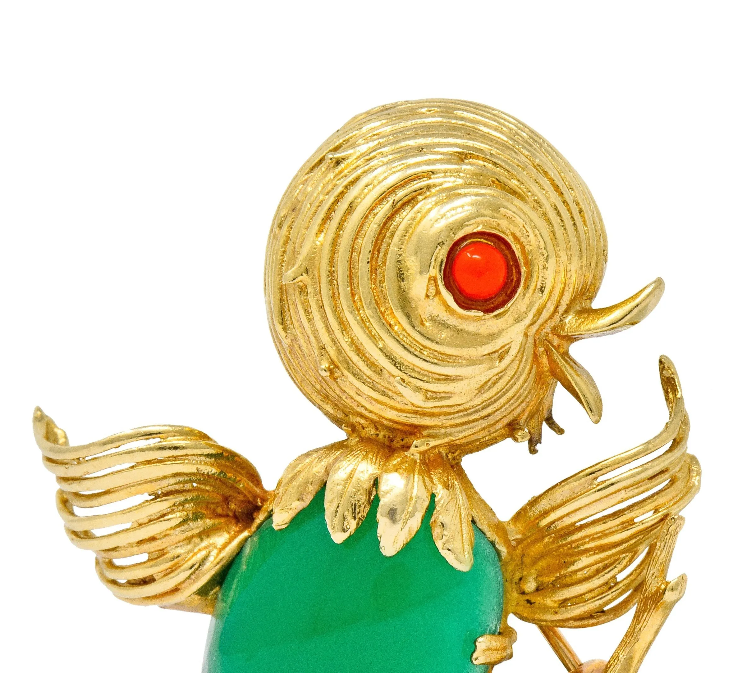 1970's Vintage Chrysoprase 14 Karat Gold Baby Bird Brooch