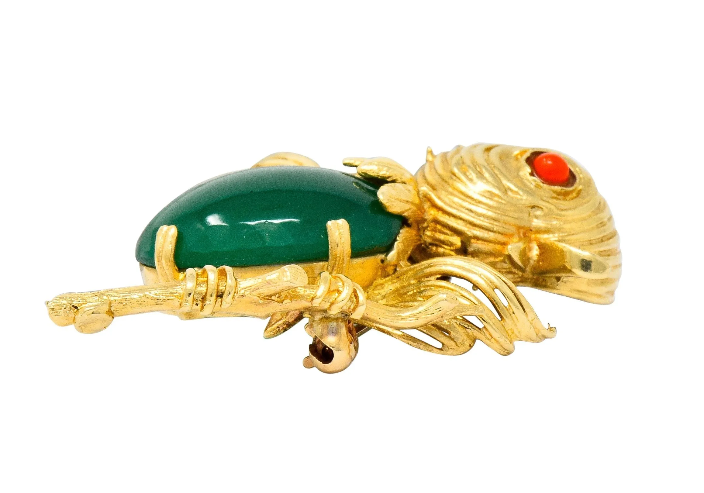 1970's Vintage Chrysoprase 14 Karat Gold Baby Bird Brooch