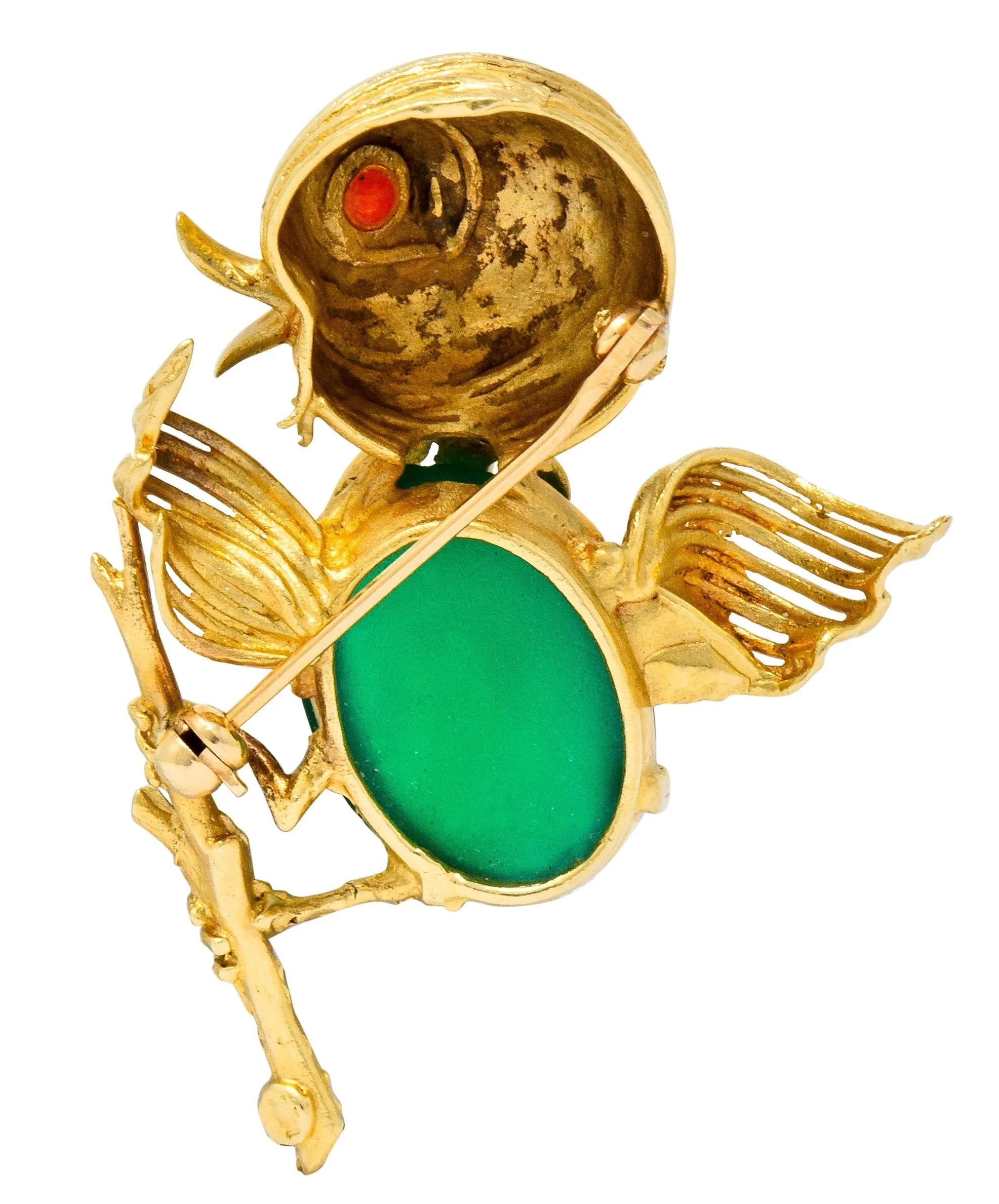 1970's Vintage Chrysoprase 14 Karat Gold Baby Bird Brooch