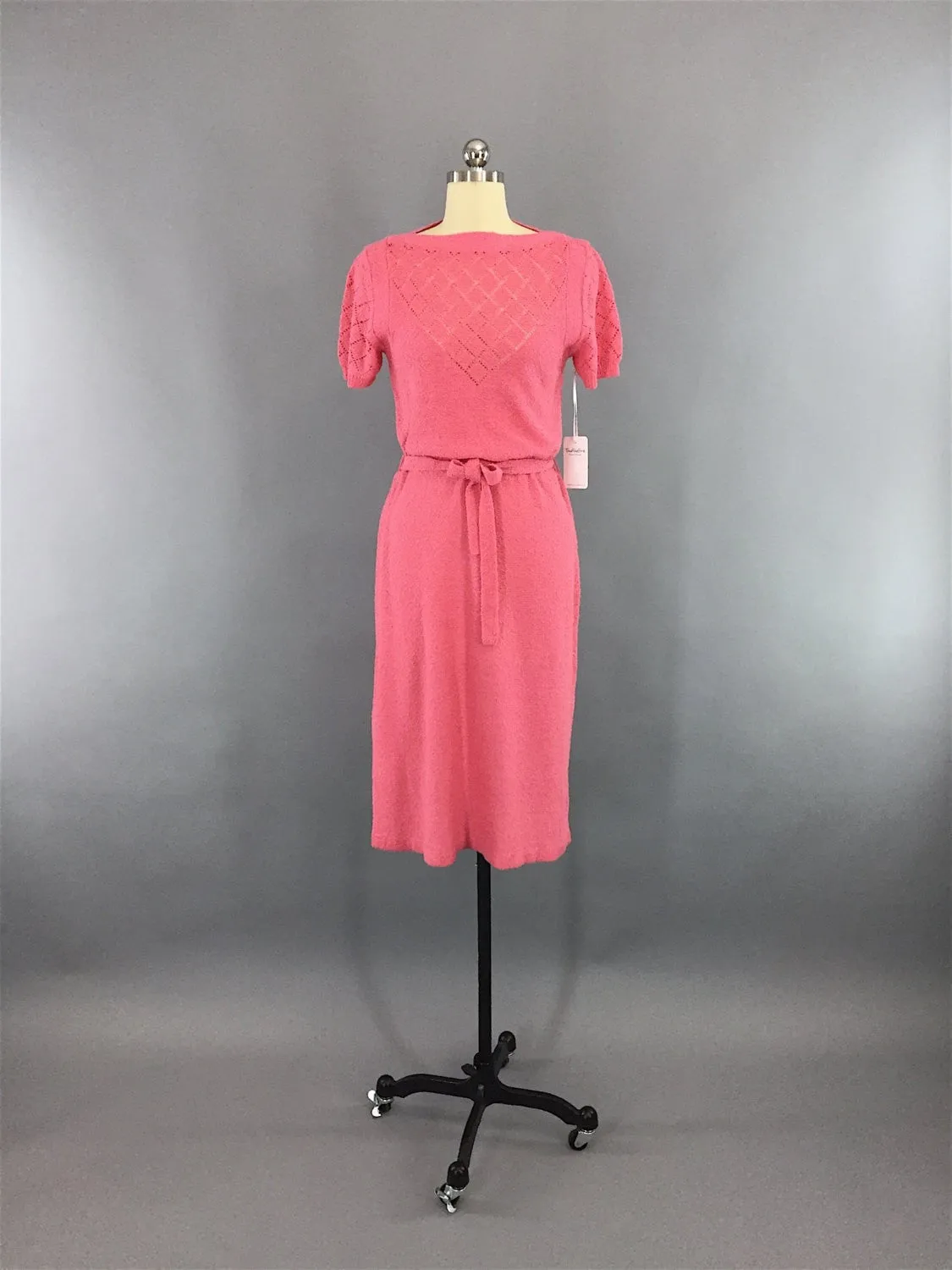 1980s Vintage Carnation Pink Knit Sweater Dress