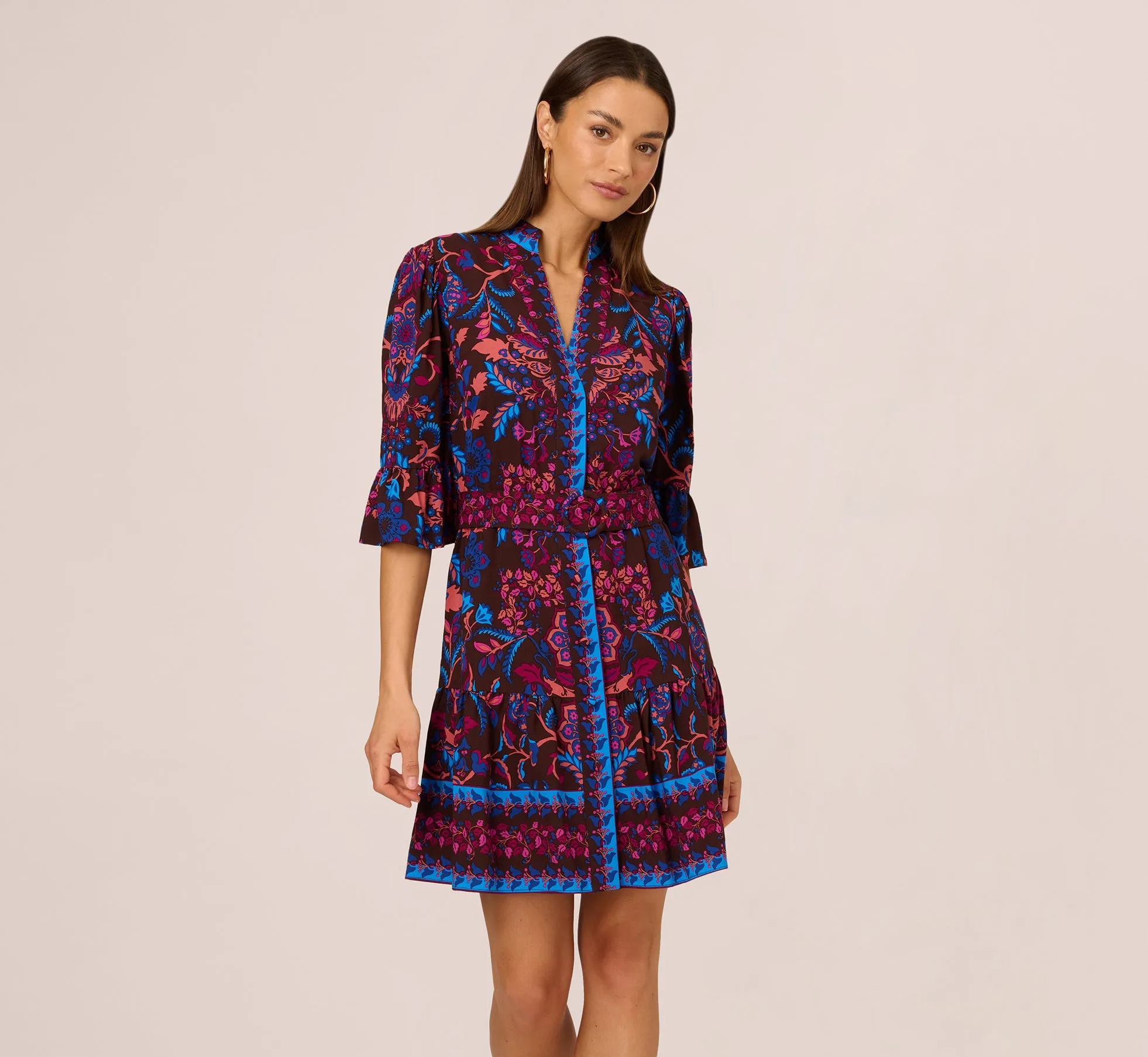 Abstract Print Button Down Dress With Three Quarter Bell Sleeves In Brown Multi