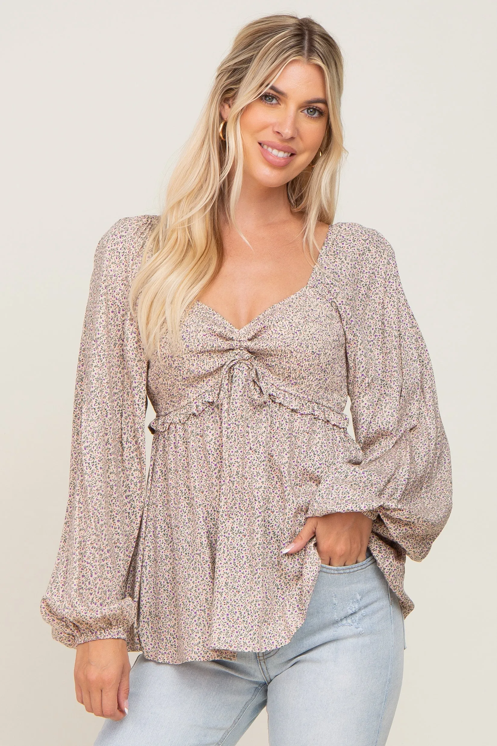 Beige Ditsy Floral Sweetheart Maternity Long Sleeve Top