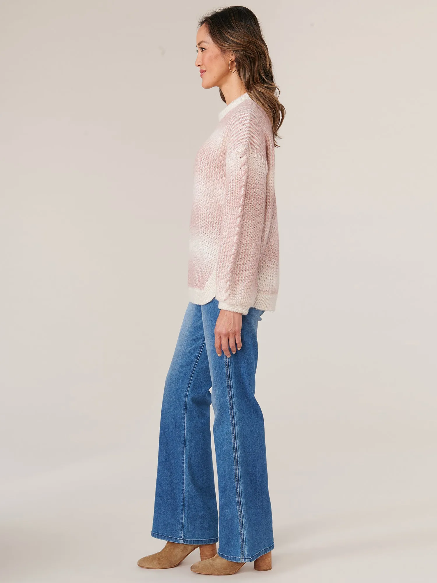 Blouson Sleeve Mock Neck Stripe Petite Sweater with Whipstitch Detail