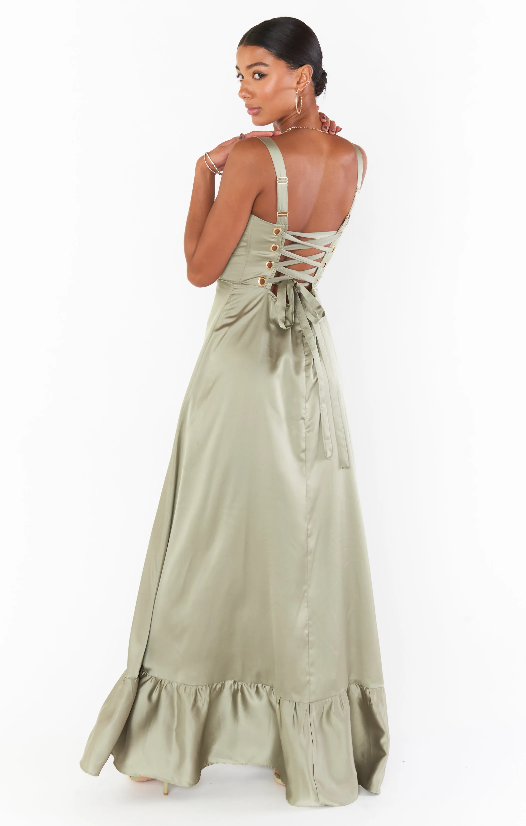 Clarissa Corset Dress ~ Moss Green Luxe Satin