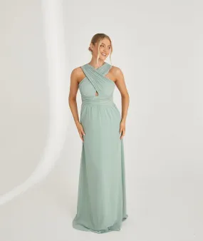 Cross Neck Pleated Waist Chiffon Bridesmaid Dress - Sage