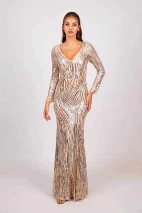 Evangeline Pattern Sequin Gown - Champagne