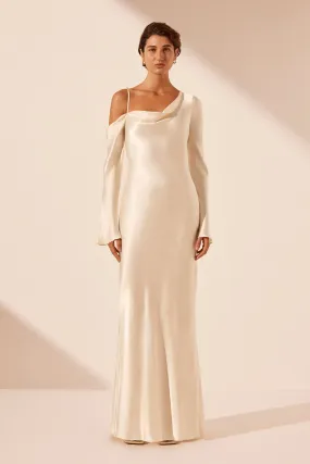 LA LUNE ASYMMETRICAL LONG SLEEVE MAXI DRESS - CREAM