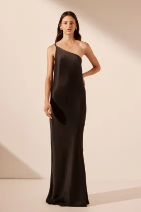 LA LUNE ONE SHOULDER COWL BACK MAXI DRESS - BLACK