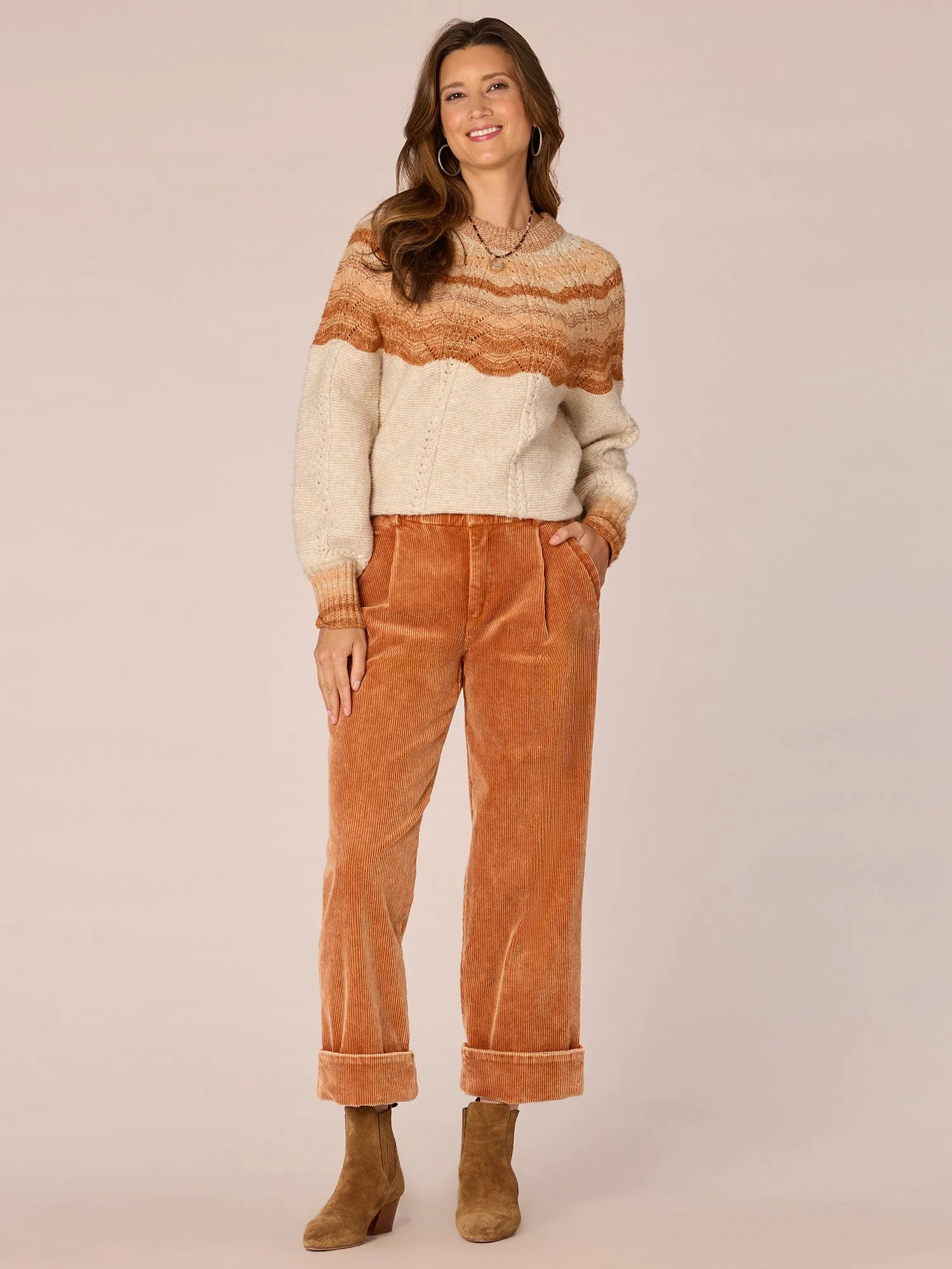 Long Blouson Sleeve High Round Neck Ombre Pointelle Stitch Sweater