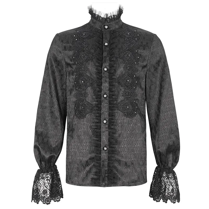 Men's Gothic Stand Collar Puff Sleeved Lace Splice Shirt