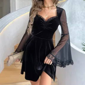 'Mystic' Black Goth Mesh Velvet Flare Dress