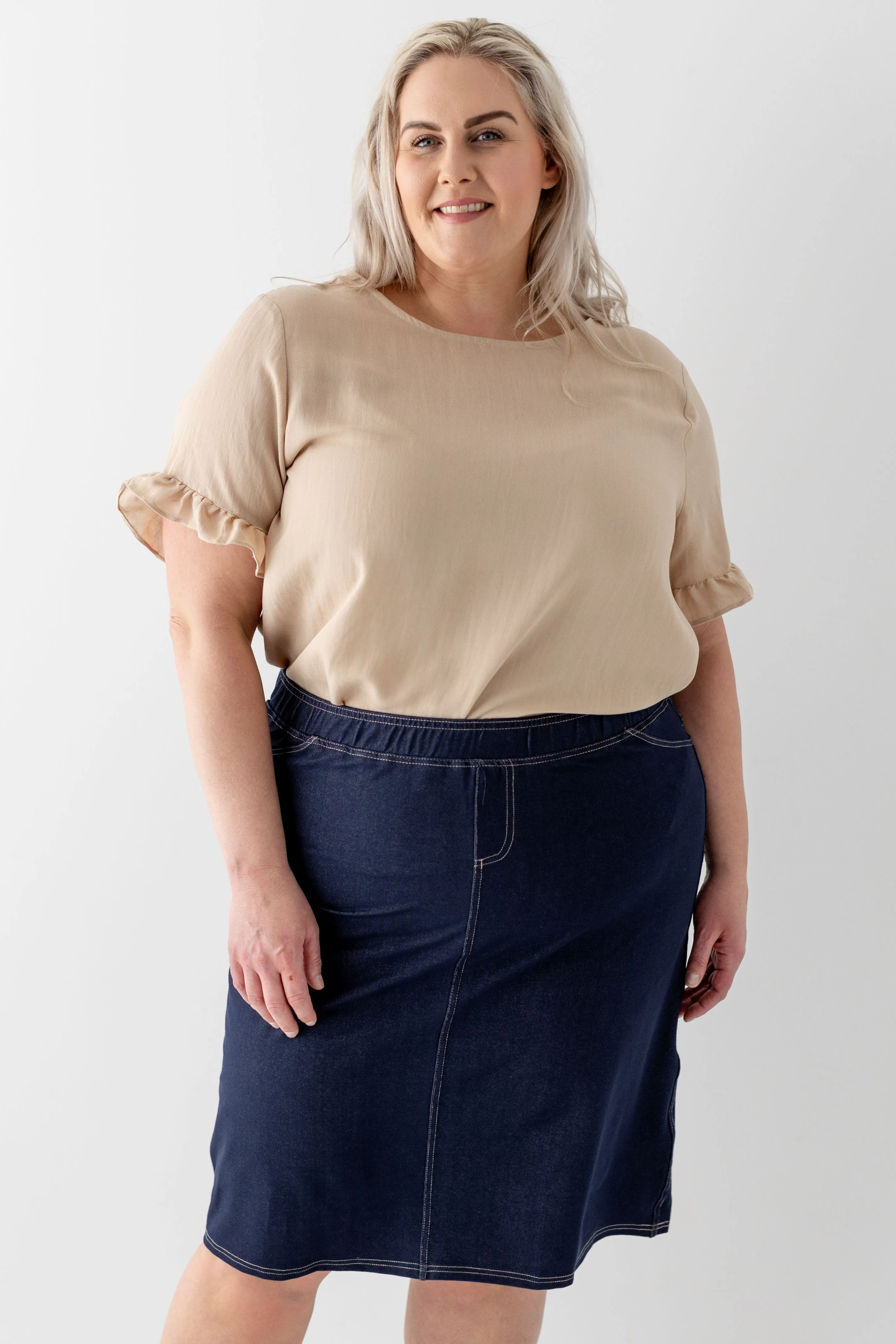 Plus 'Ida' Ruffle Sleeve Button Back Top in Tan FINAL SALE