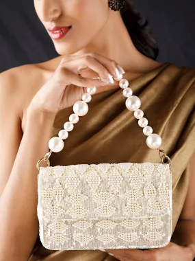 Rubans Cream Colour Handbag With Embroided Design And Pearls