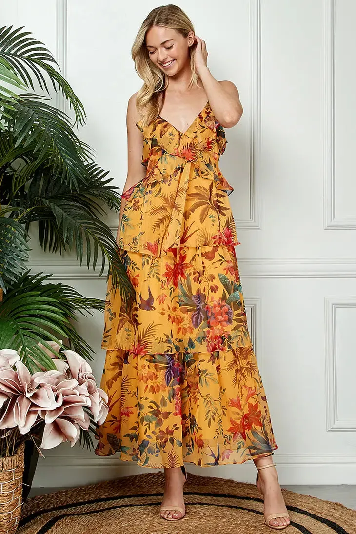 Ruffled Sunset Gold Maxi Chiffon Dress