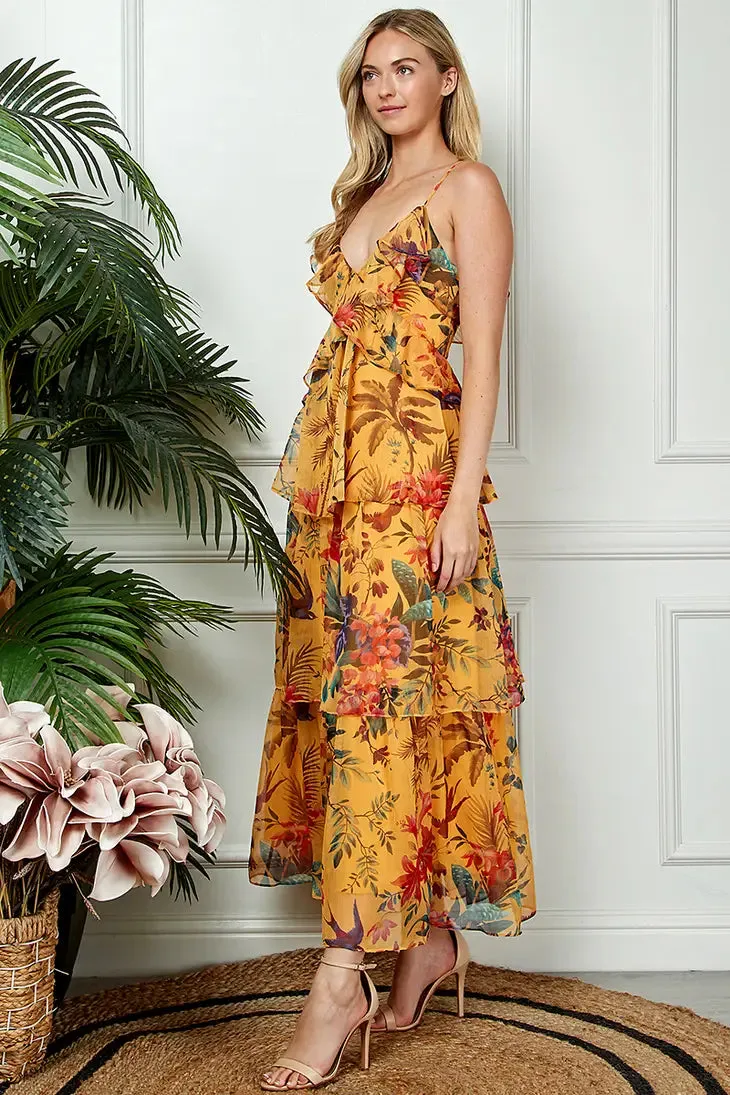 Ruffled Sunset Gold Maxi Chiffon Dress