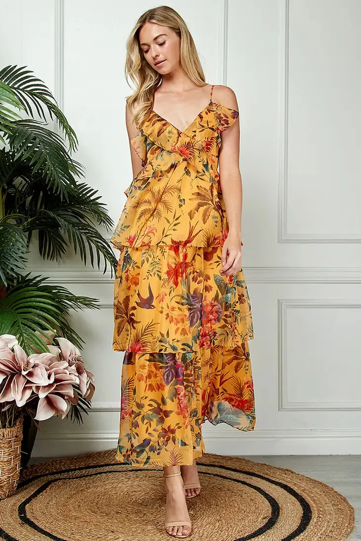 Ruffled Sunset Gold Maxi Chiffon Dress