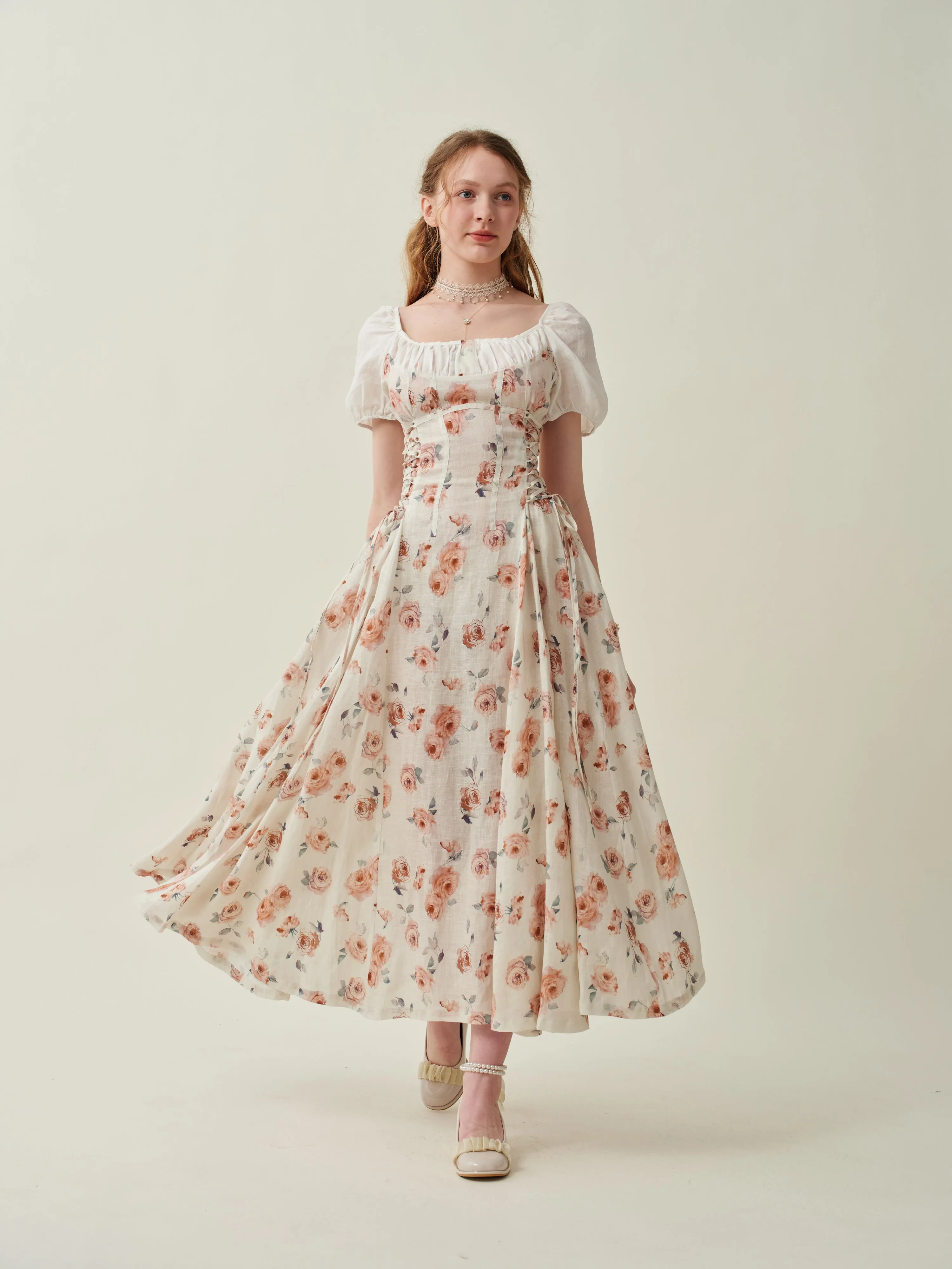 Ylang 18 | Floral Lace-up Linen Dress