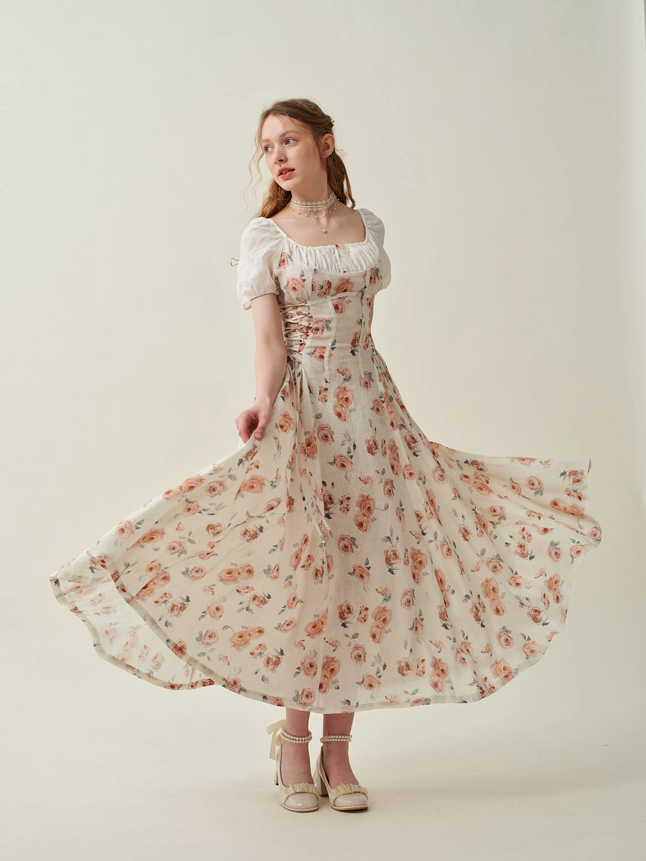 Ylang 18 | Floral Lace-up Linen Dress